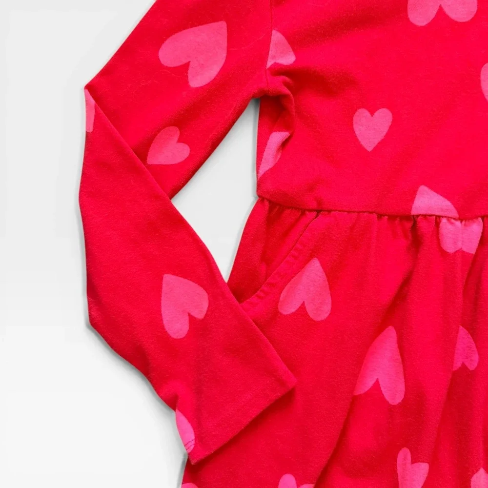 Cat & Jack Girls Red Pink Heart Print‎ Long Sleeve Pocket Dress Size M 8
